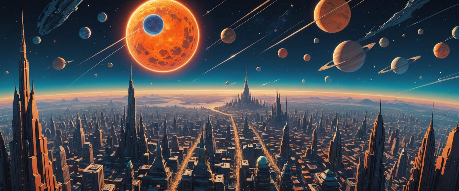 Cosmic City Painting with Sinister Planets