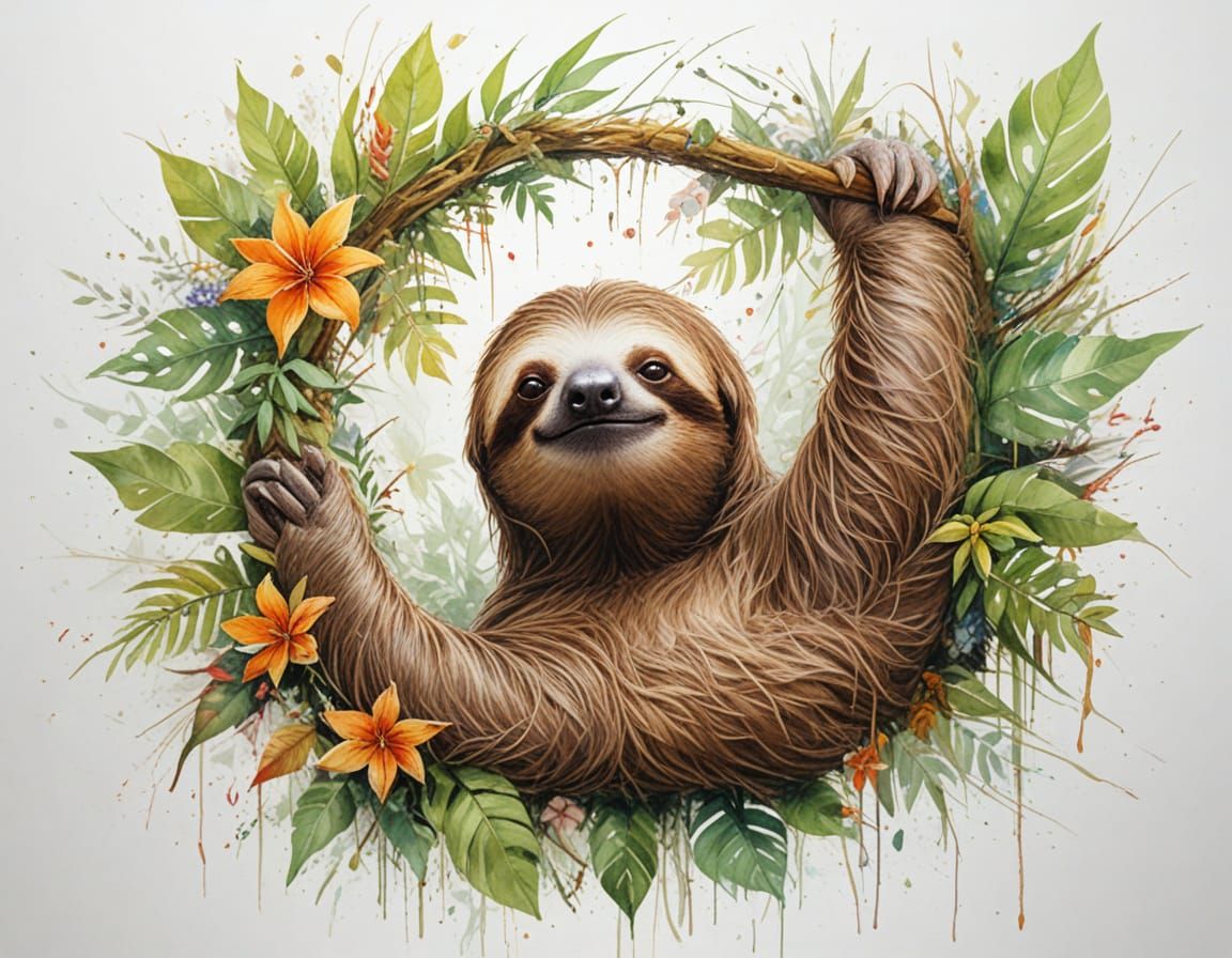 Playful Sloth in Sunlit Rainforest Watercolor