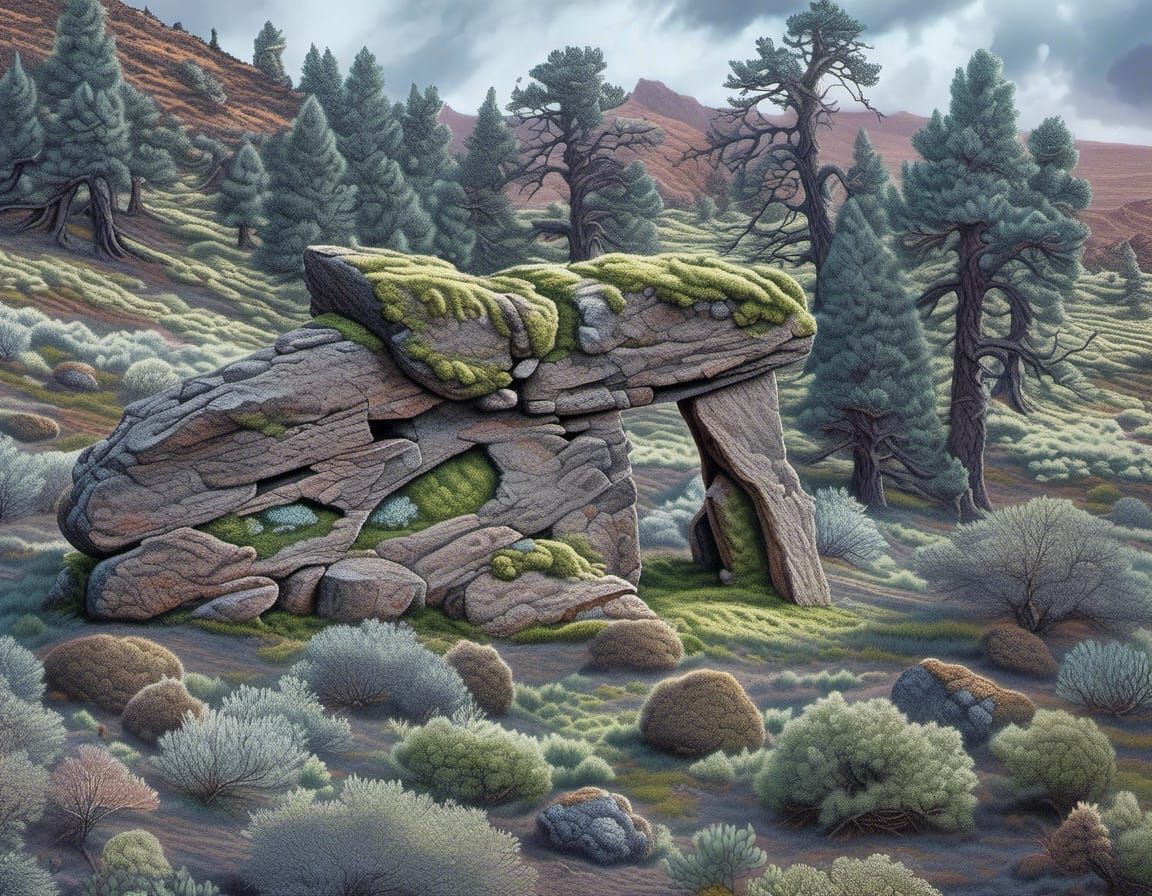 Moss-Covered Neolithic Dolmen in Hyperrealistic Style