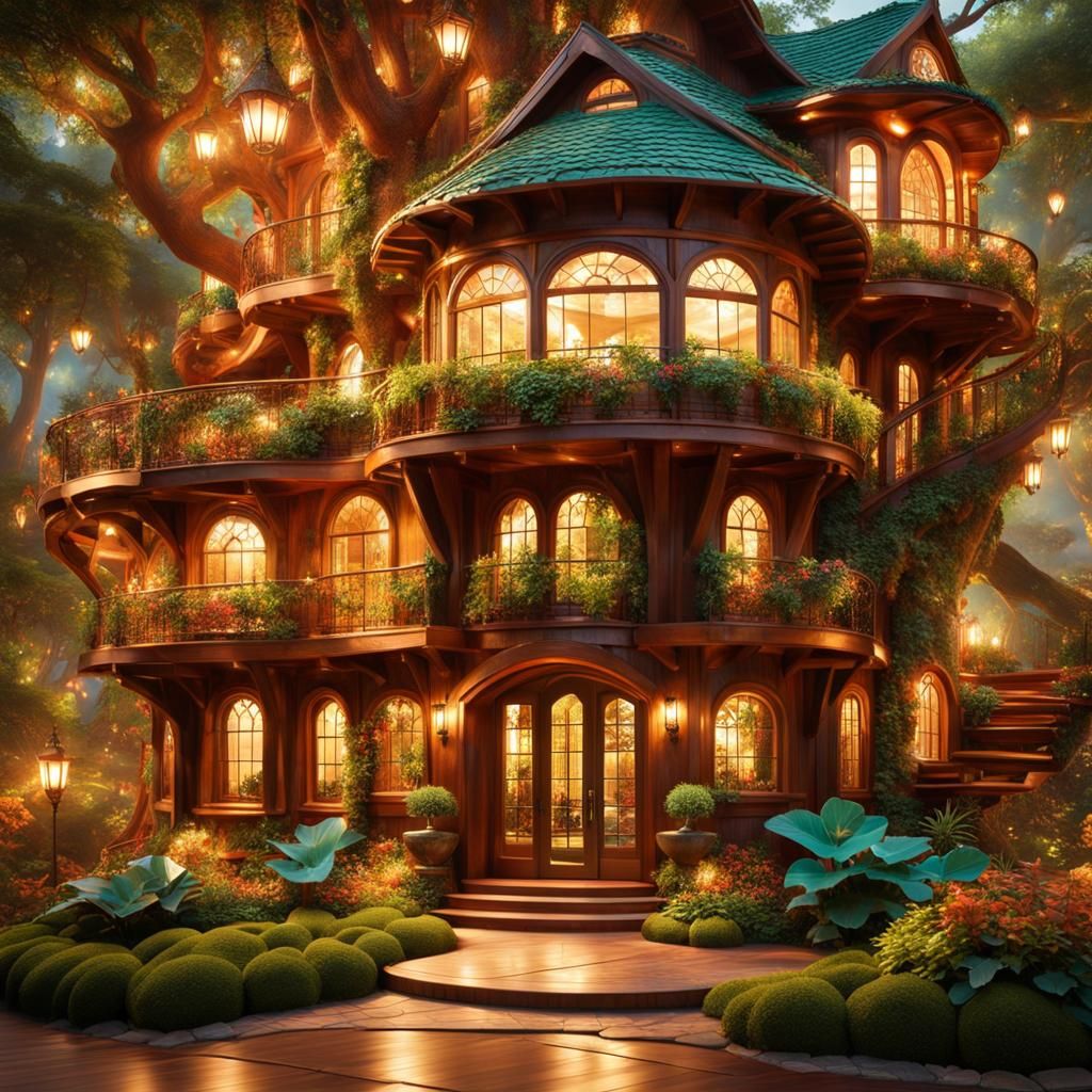 Lavish Treehouse in Lush Garden, Impasto Gouache Style