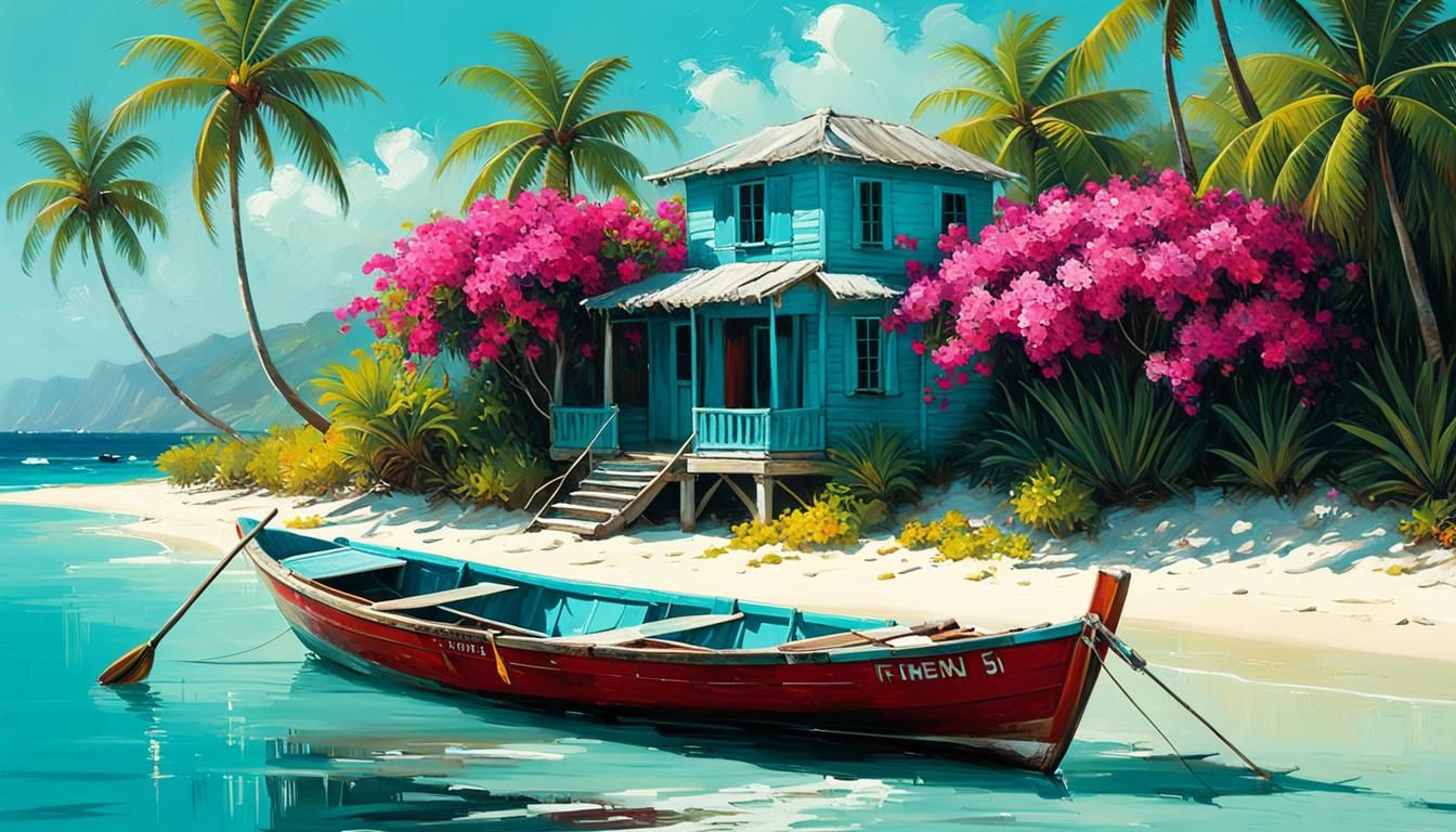 Caribbean Beach House with Boat, in Impasto Style