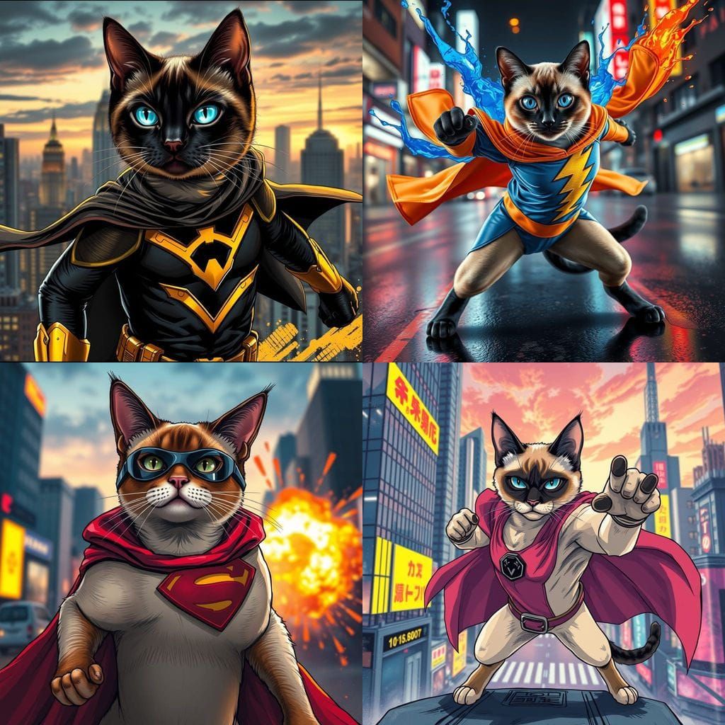 Vibrant Manga-Inspired Superhero Cat in Photorealistic Color