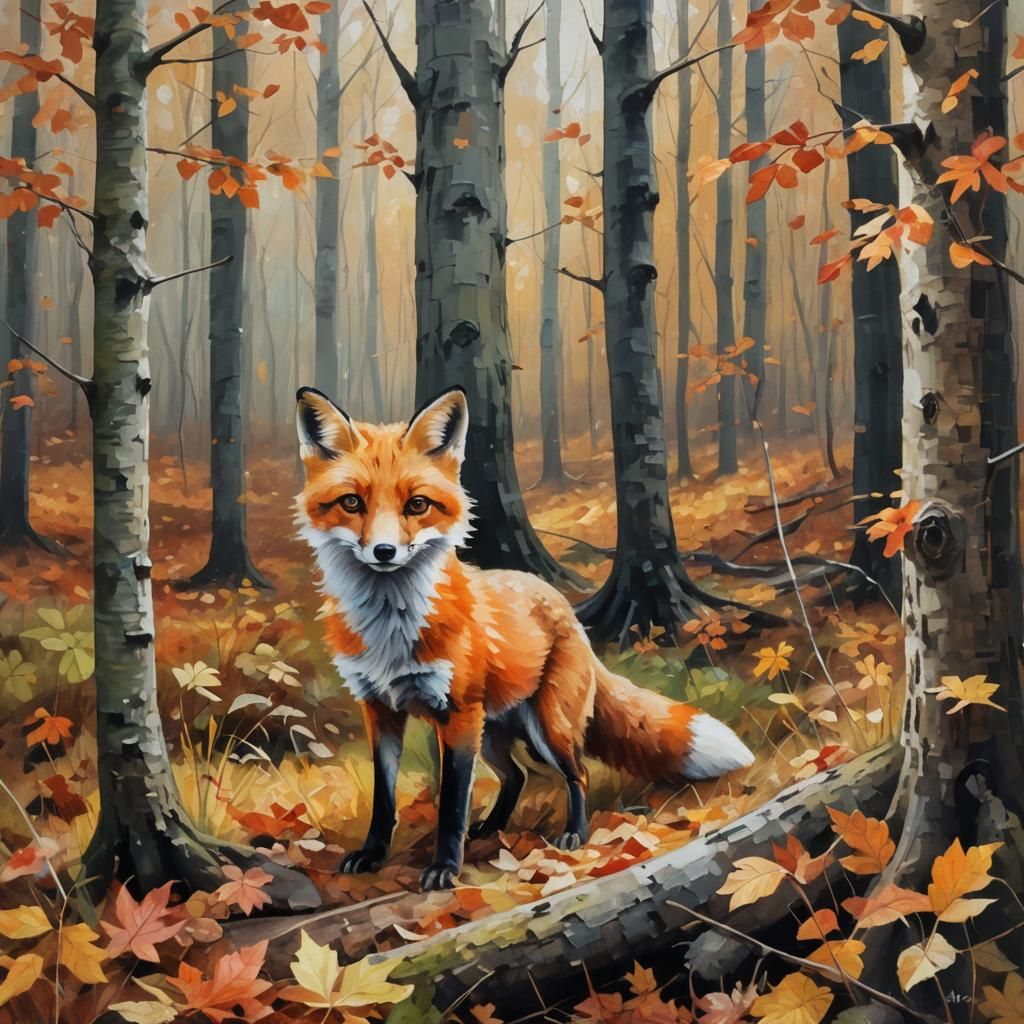 Curious Fox Explores Autumn Forest in Oil