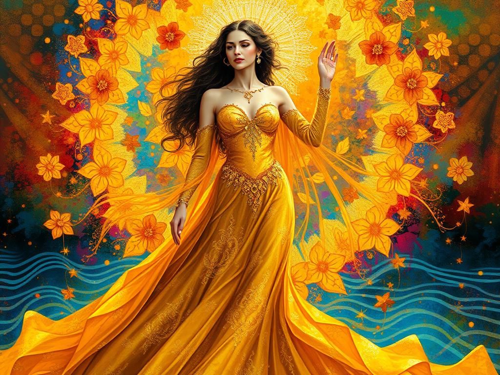 Majestic Woman in Golden Gown with Rainbow Colors