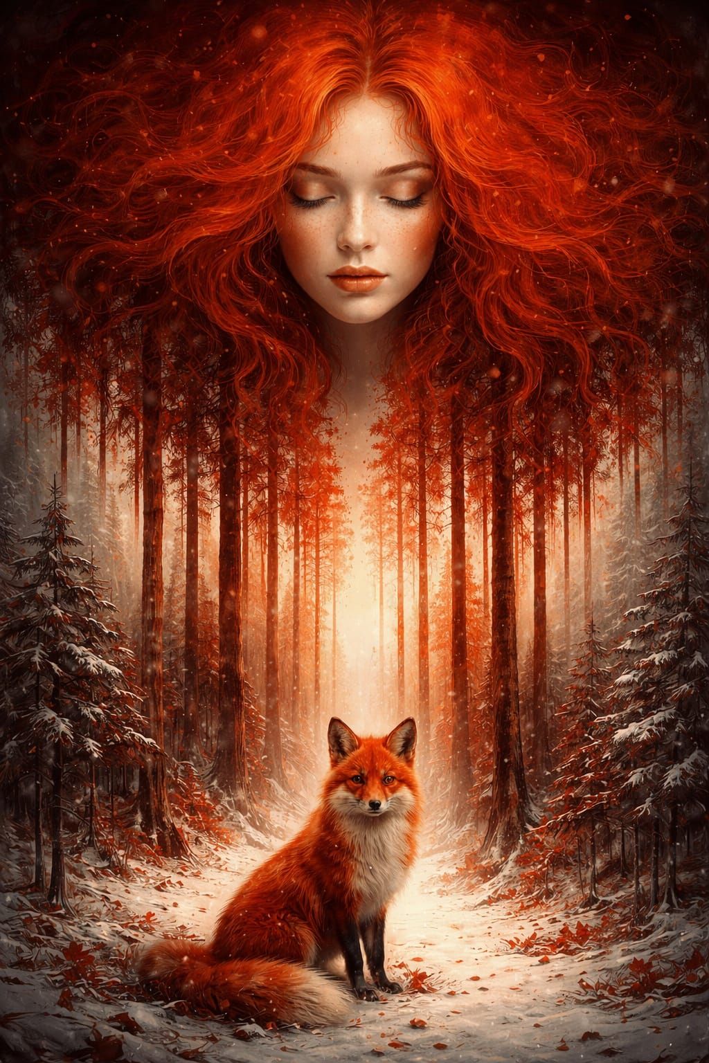 Woman with Red Hair Transforms into Forest with Fox