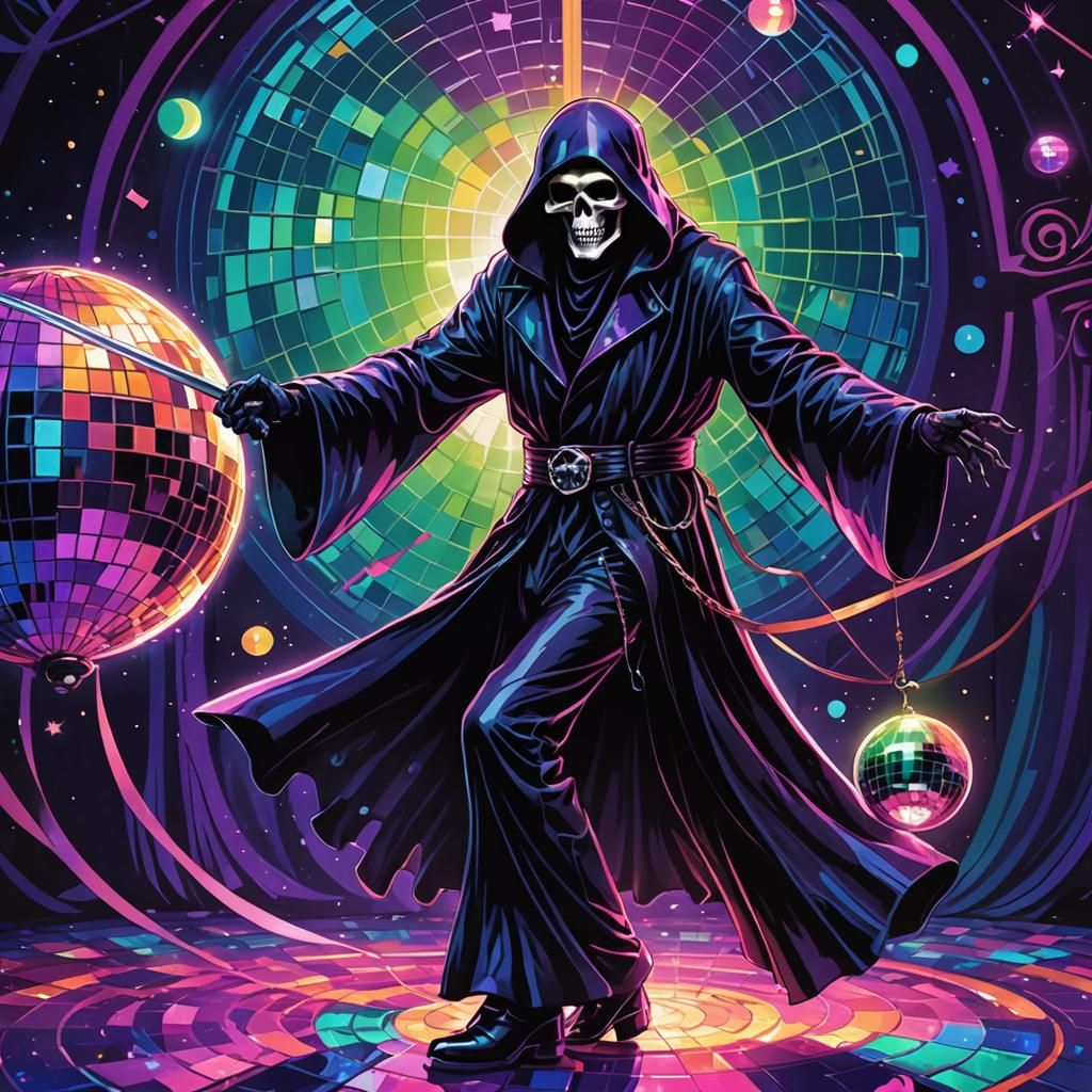 "The Grim Reaper grooving under a disco ball