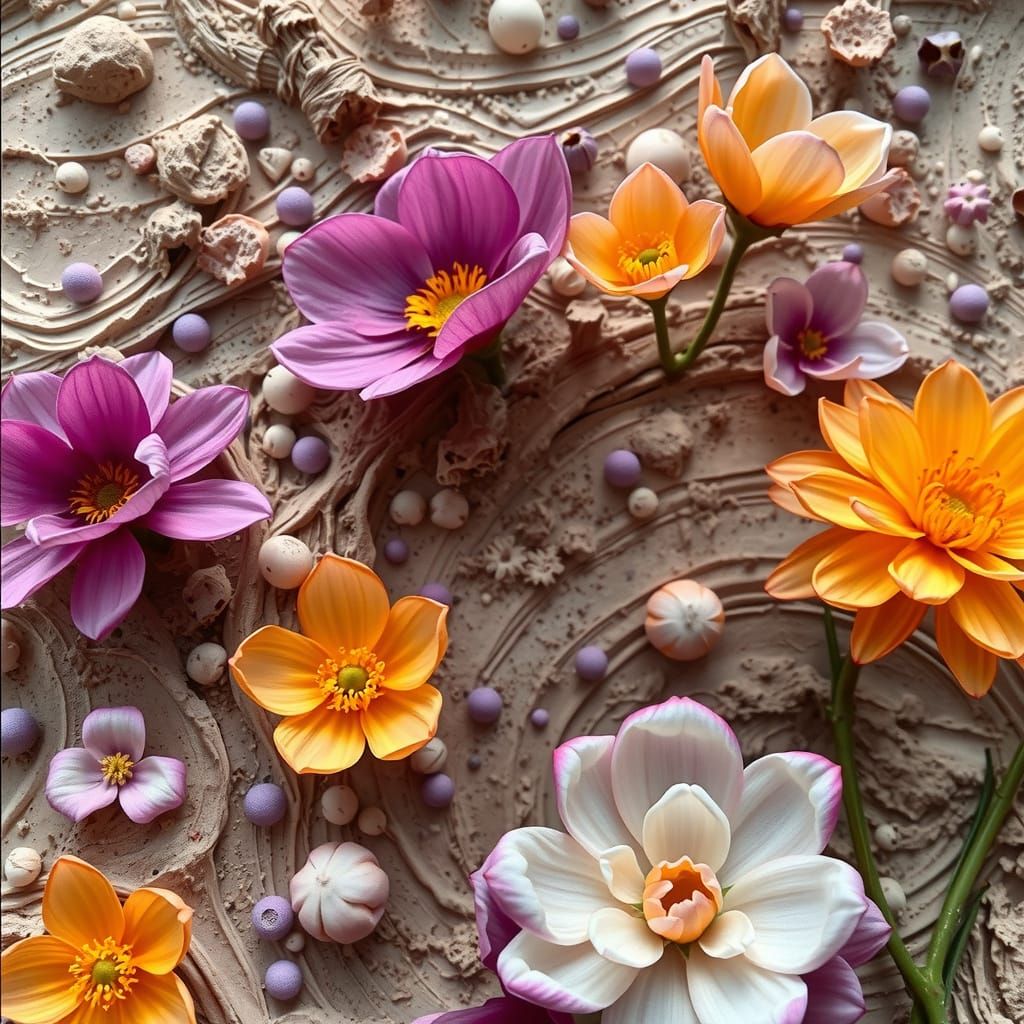 floral spring, prominent purple and orange