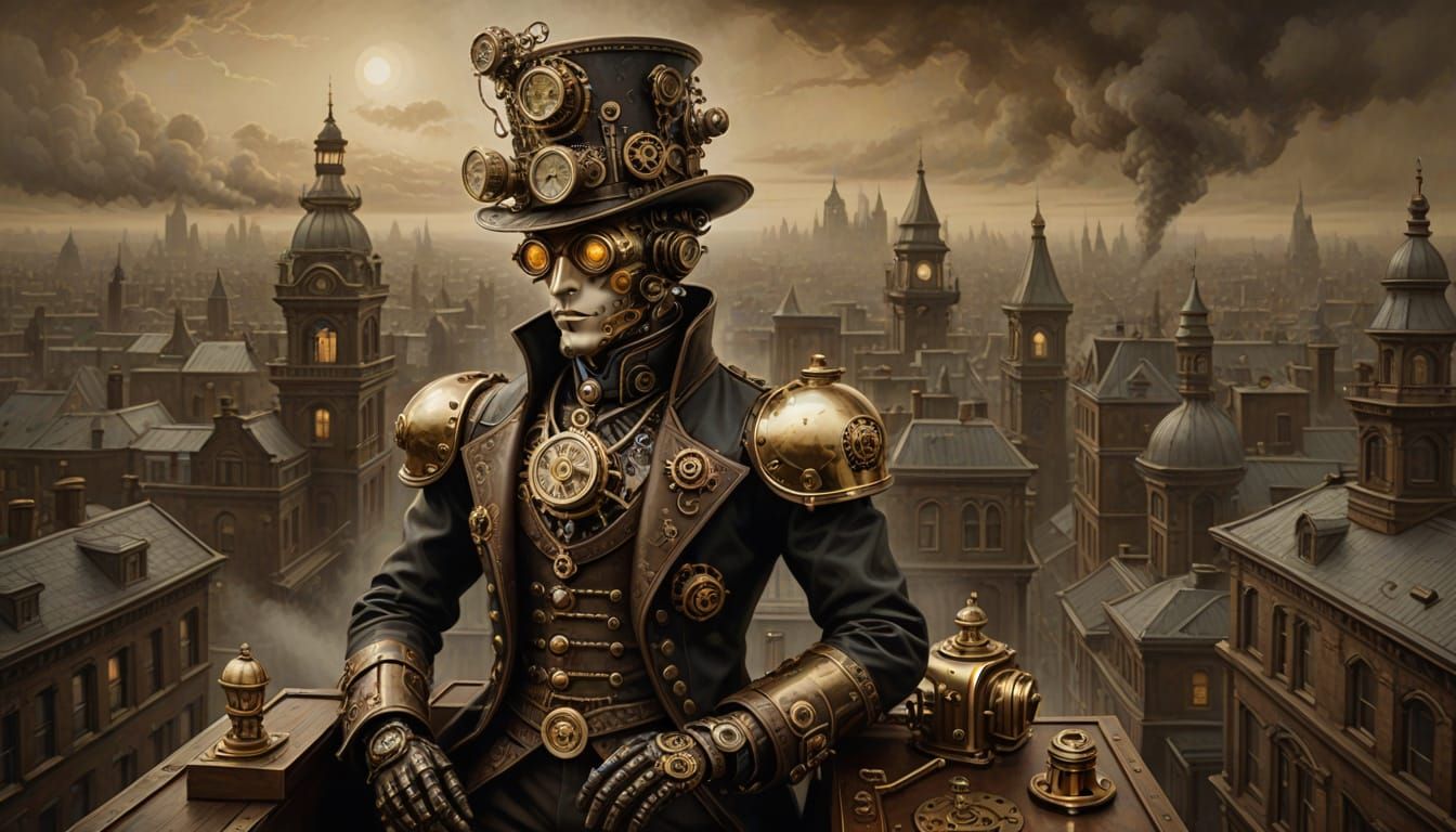 Steampunk Automaton on Rooftop in Foggy Victorian City
