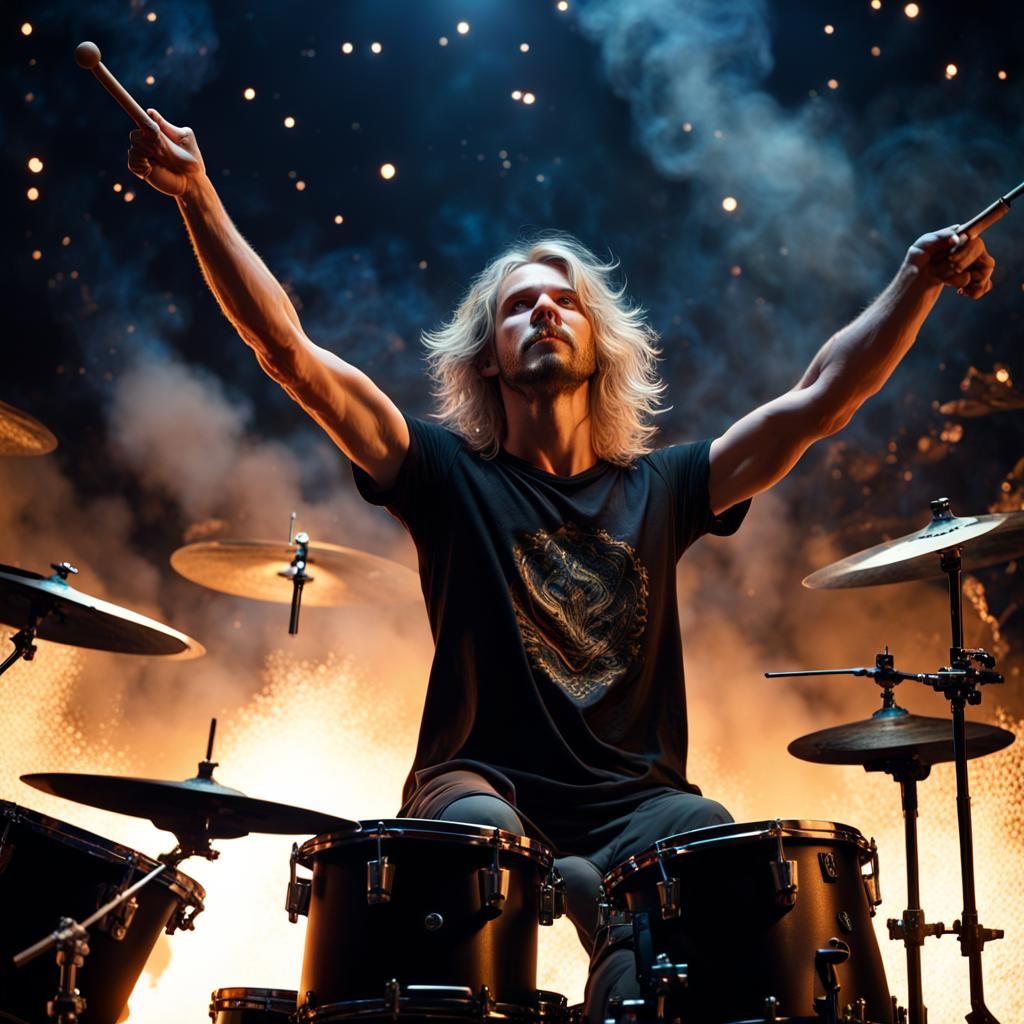 Metal Band Drummer Concert Photo in Dark Fantasy Style