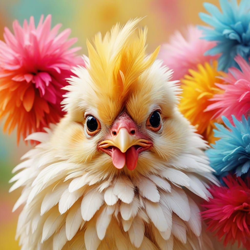 Chicken with Colorful Pom Poms in Watercolor Style