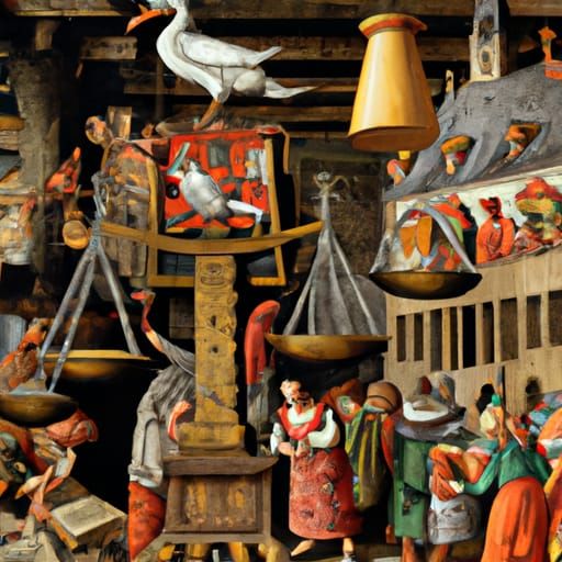 Witch and Duck on Scales in Medieval Village