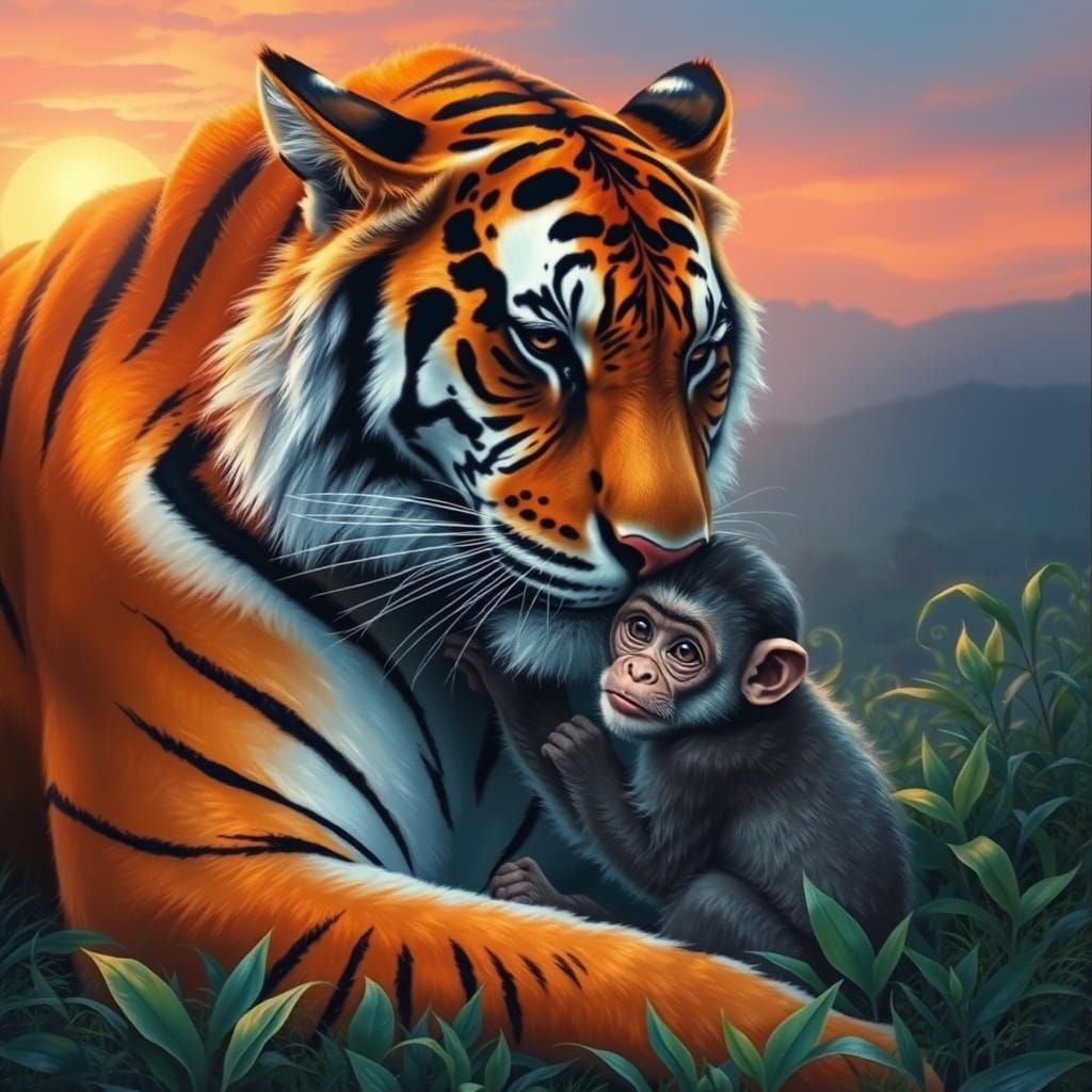 Tiger Cuddling Monkey