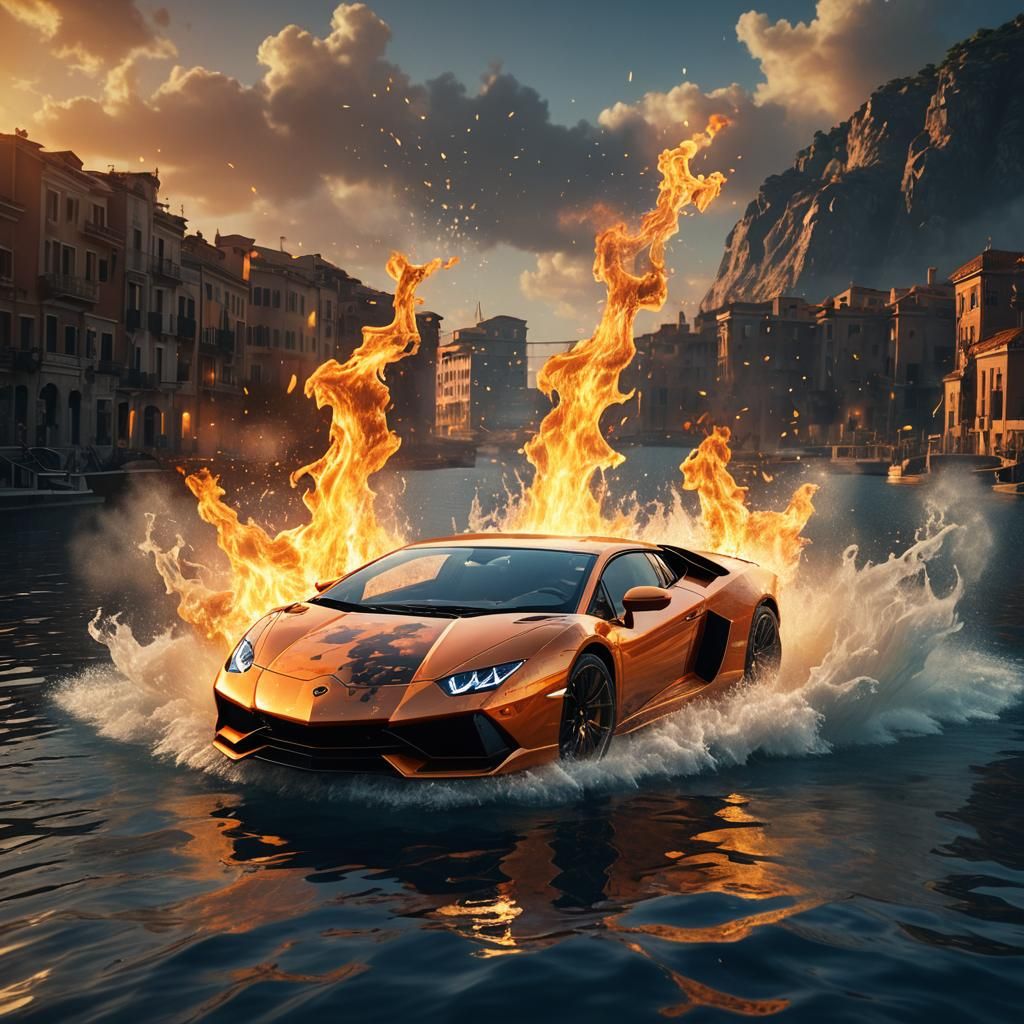 Fiery Lamborghini on Water: 3D Game Cinematic