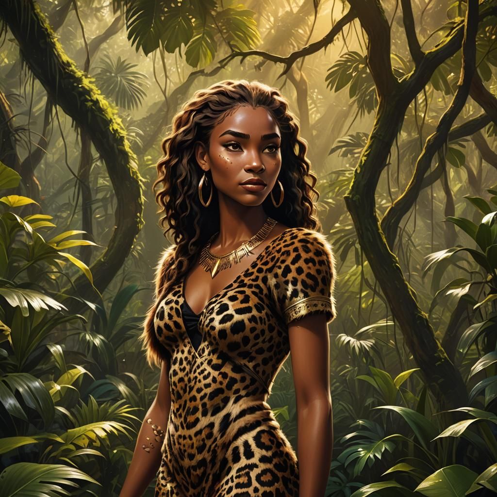 Half-Leopard Woman in Jungle, Digital Airbrush Art