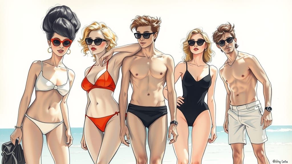 Elegant Beach Scene with Stylish Figures in Charcoal Sketch ...