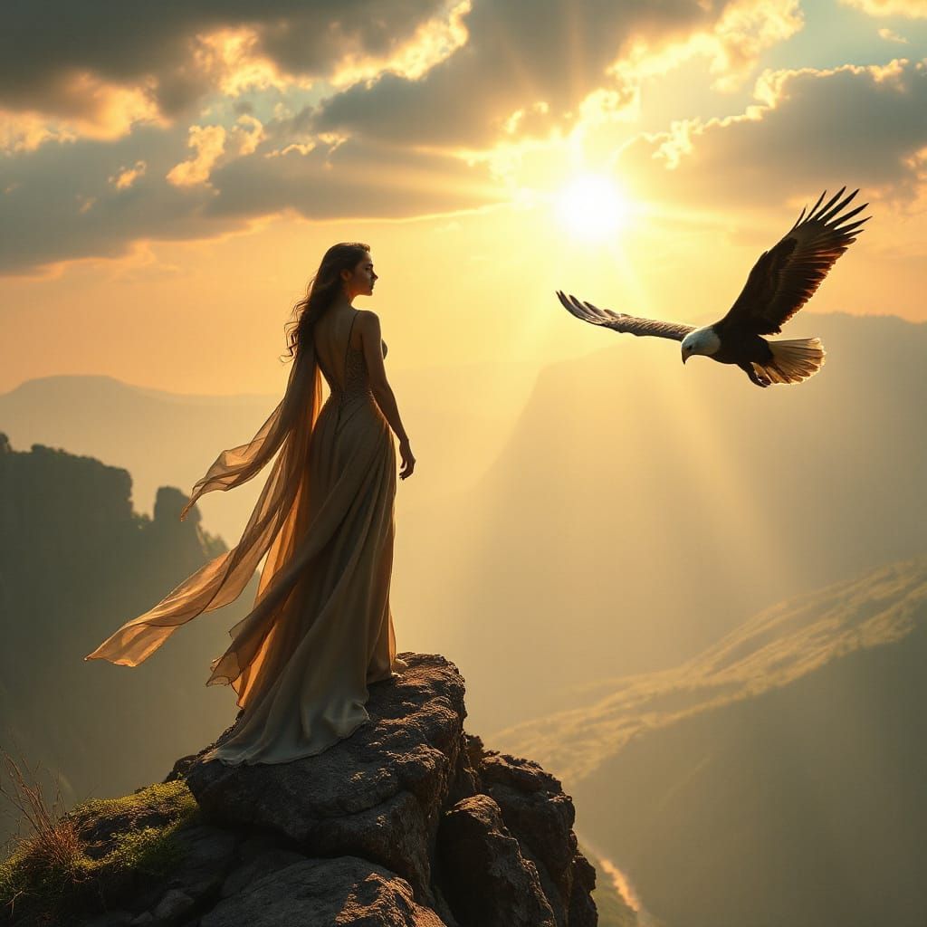 Ethereal Woman on Mystical Precipice, Dramatic Lighting