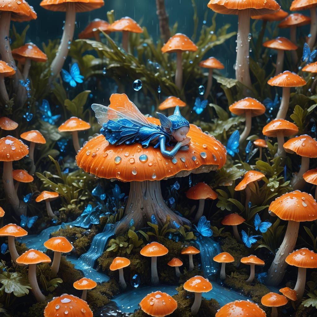 Blue Water Fairy Sleeping on Mushroom, Macro Photography