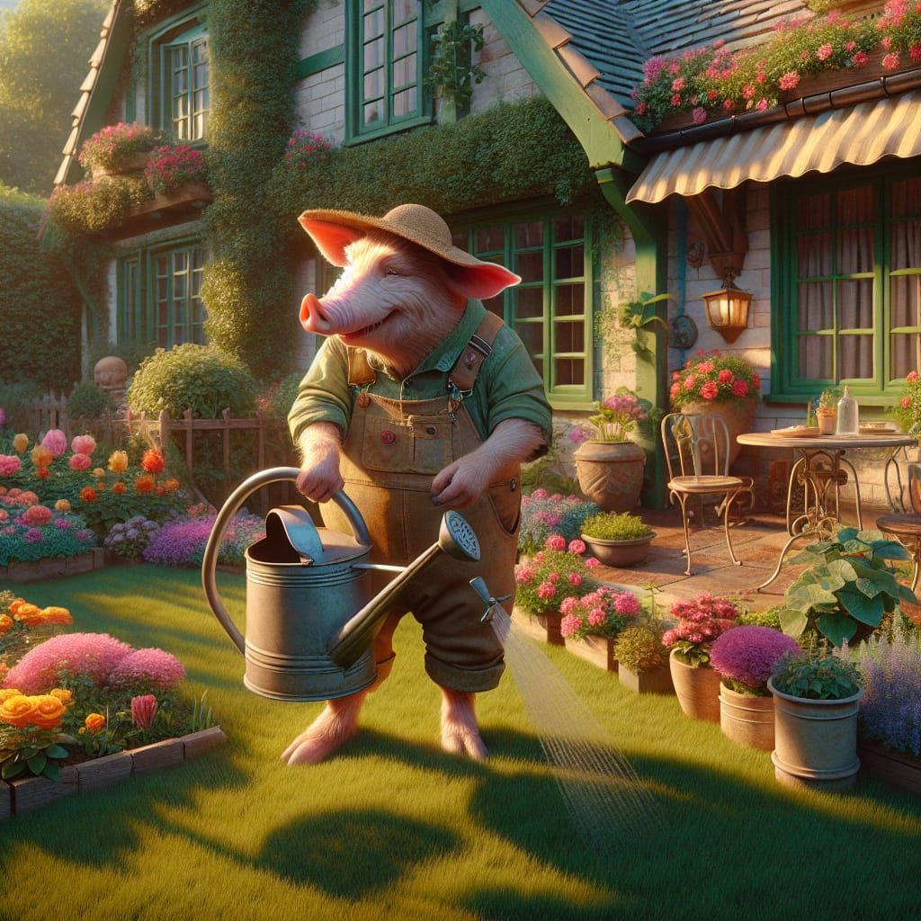 Elderly Pig Gardener Basks in Whimsical Garden Setting