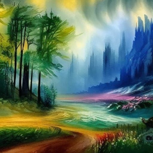 Fantasy Landscape in Gouache Impressionist Style