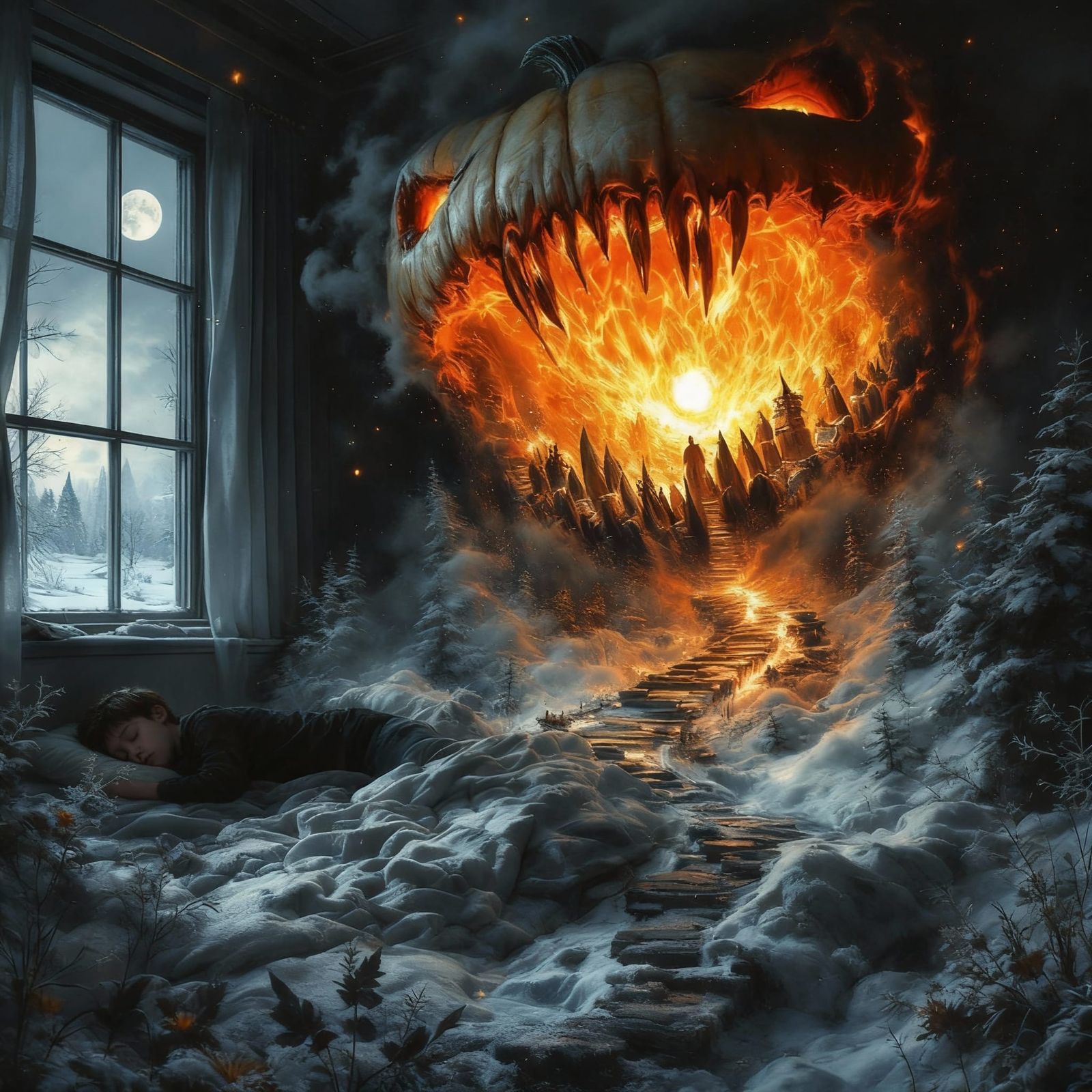 Surreal Nightmare: Demon Skull Train Explodes from Fire Port...