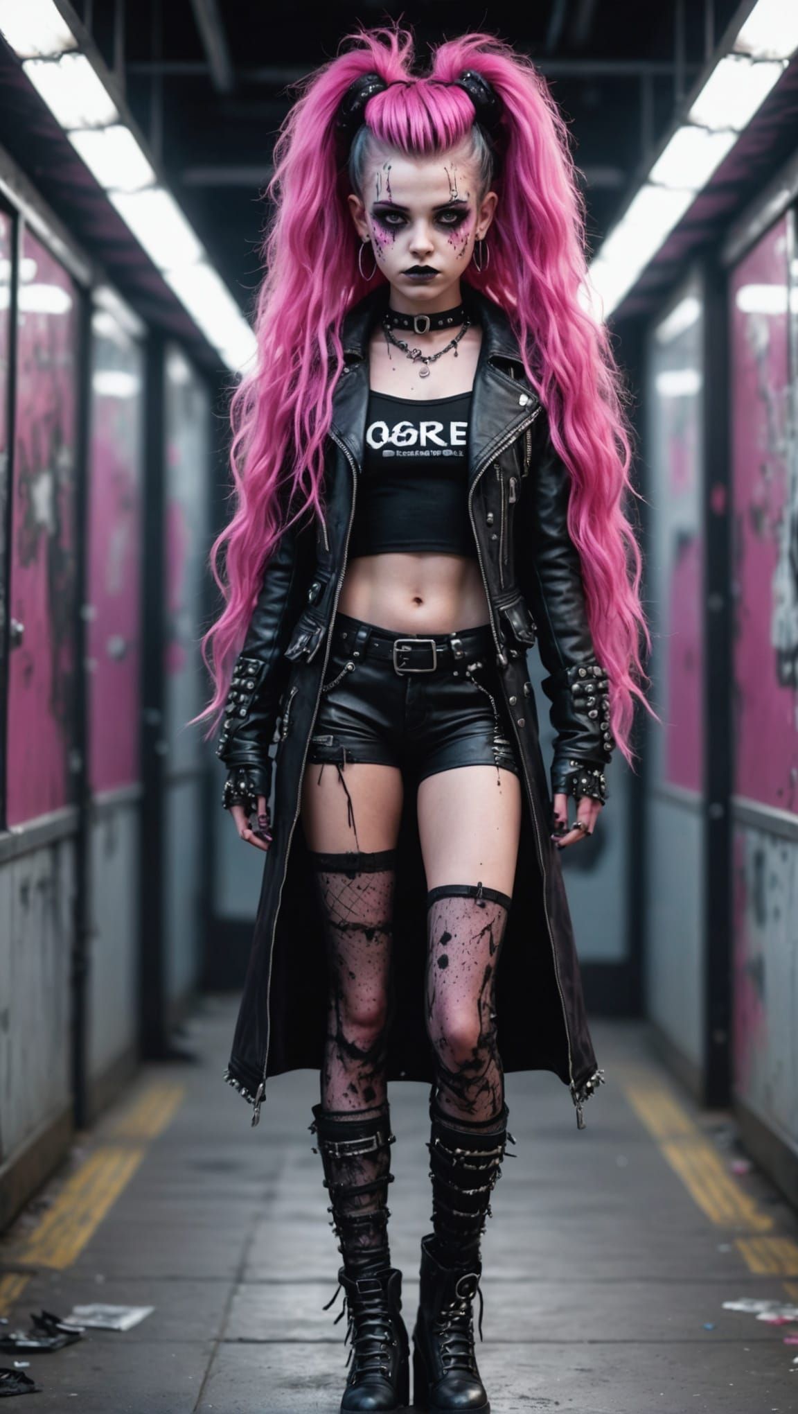 Punk Goth Girl with Glistening Skin and Pink Eyes