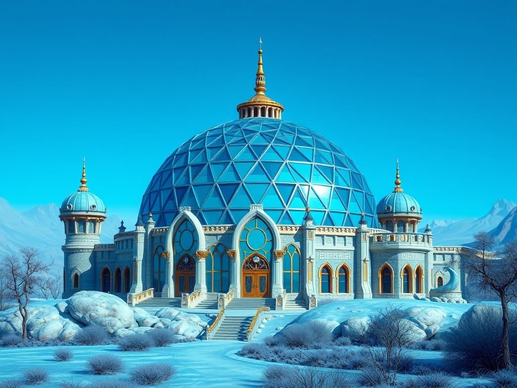 Ethereal Geodesic Castle in Indigo and Teal Hues