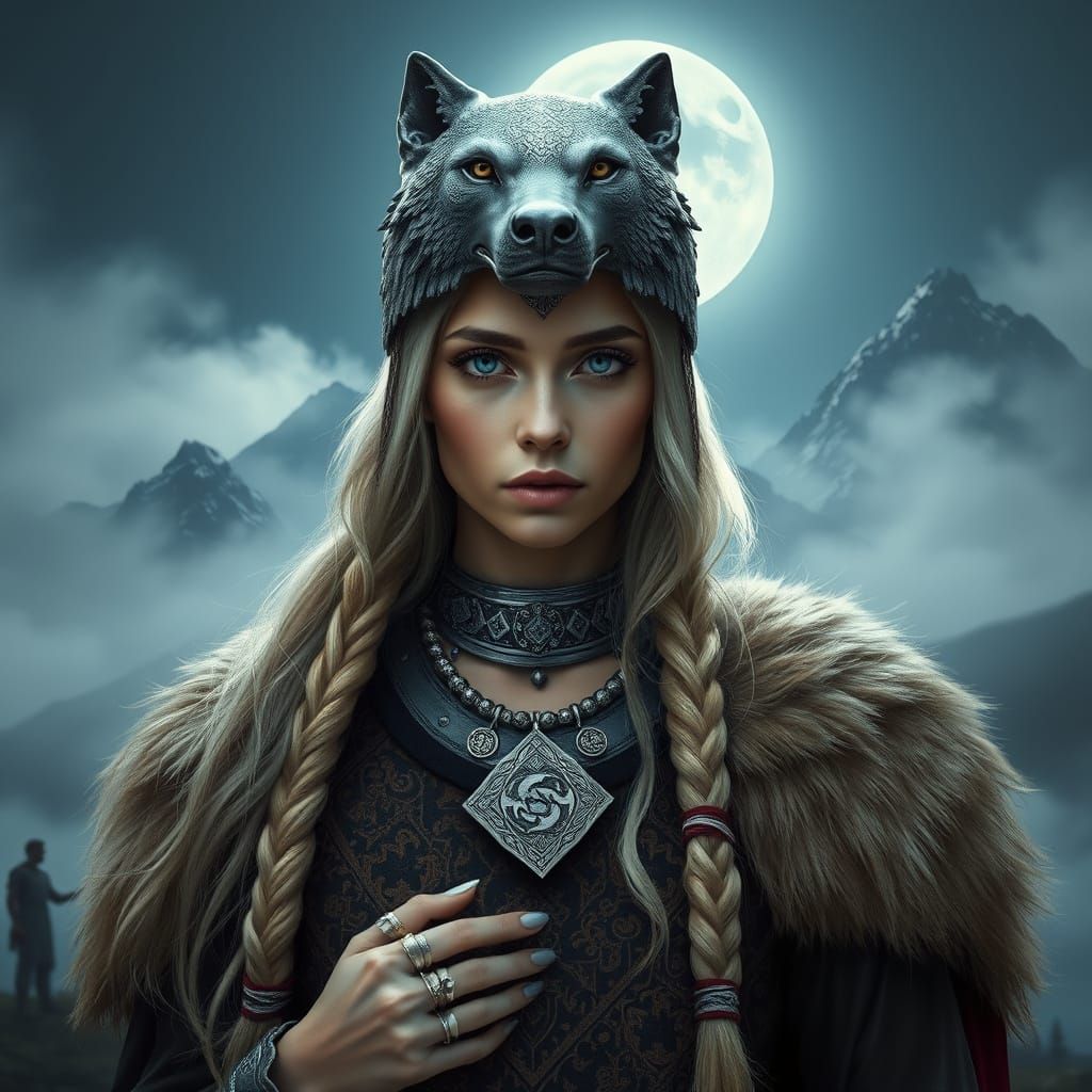 Ethereal Slavic Wolf Goddess in Moonlit Landscape