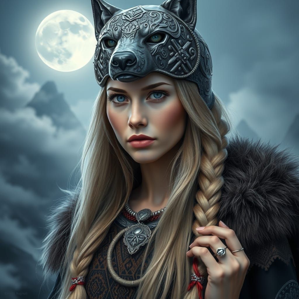 Ethereal Slavic Goddess in Moonlit Landscape