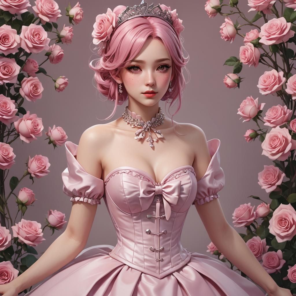 Anime Girl in Pink Corset Dress, 3D Render