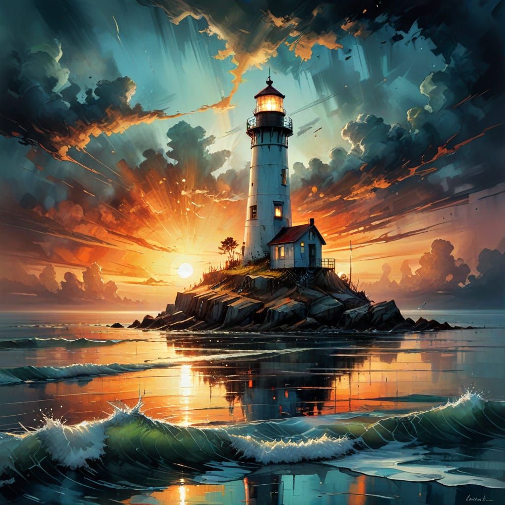 Lighthouse Sunset Reflection: Ethereal Mixed Media Painting