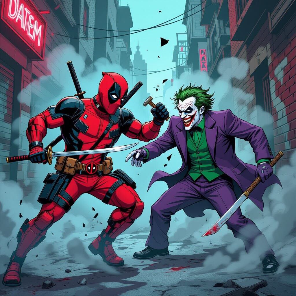 Deadpool Battles Joker in Gritty Comic Style