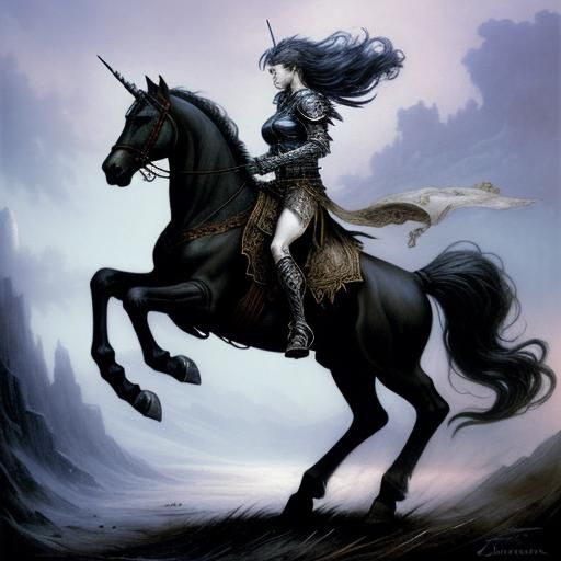 Dark Unicorn and Warrior Rider in Luis Royo Style