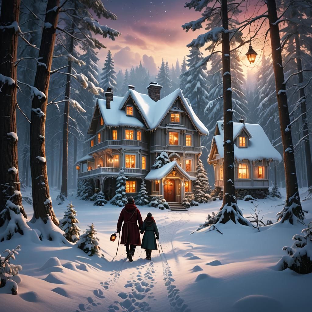 Christmas Cottage in Snowy Woods: Matte Painting
