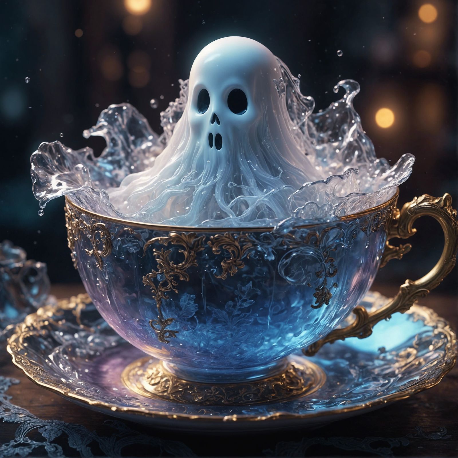 Ghost in Teacup: Hyperrealistic Splash Art