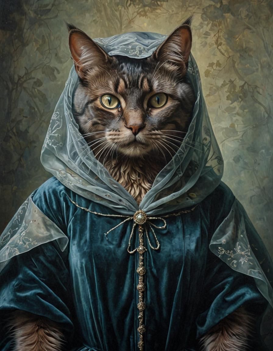 Surreal Cat Portrait in Winter Dress, Oil Painting