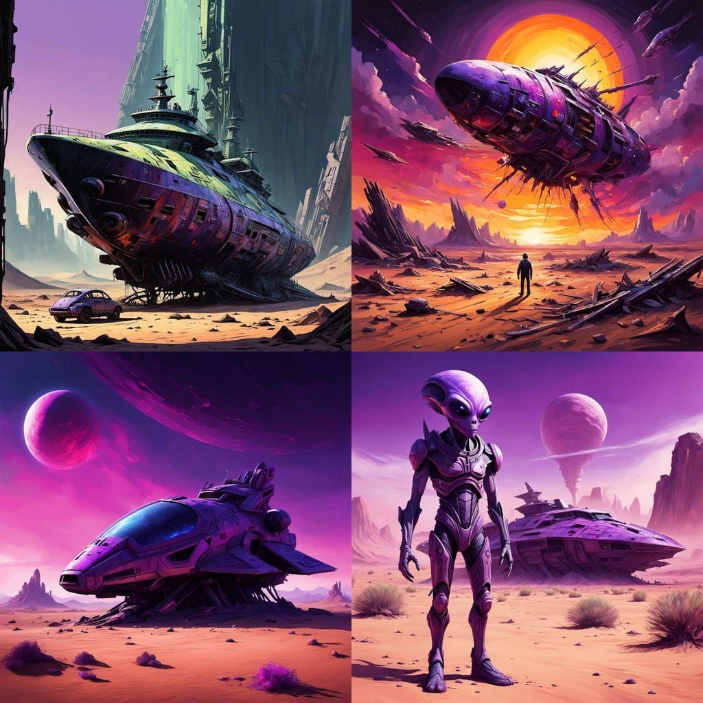 Purple Alien Amidst Desert Wreckage in Vibrant Hues