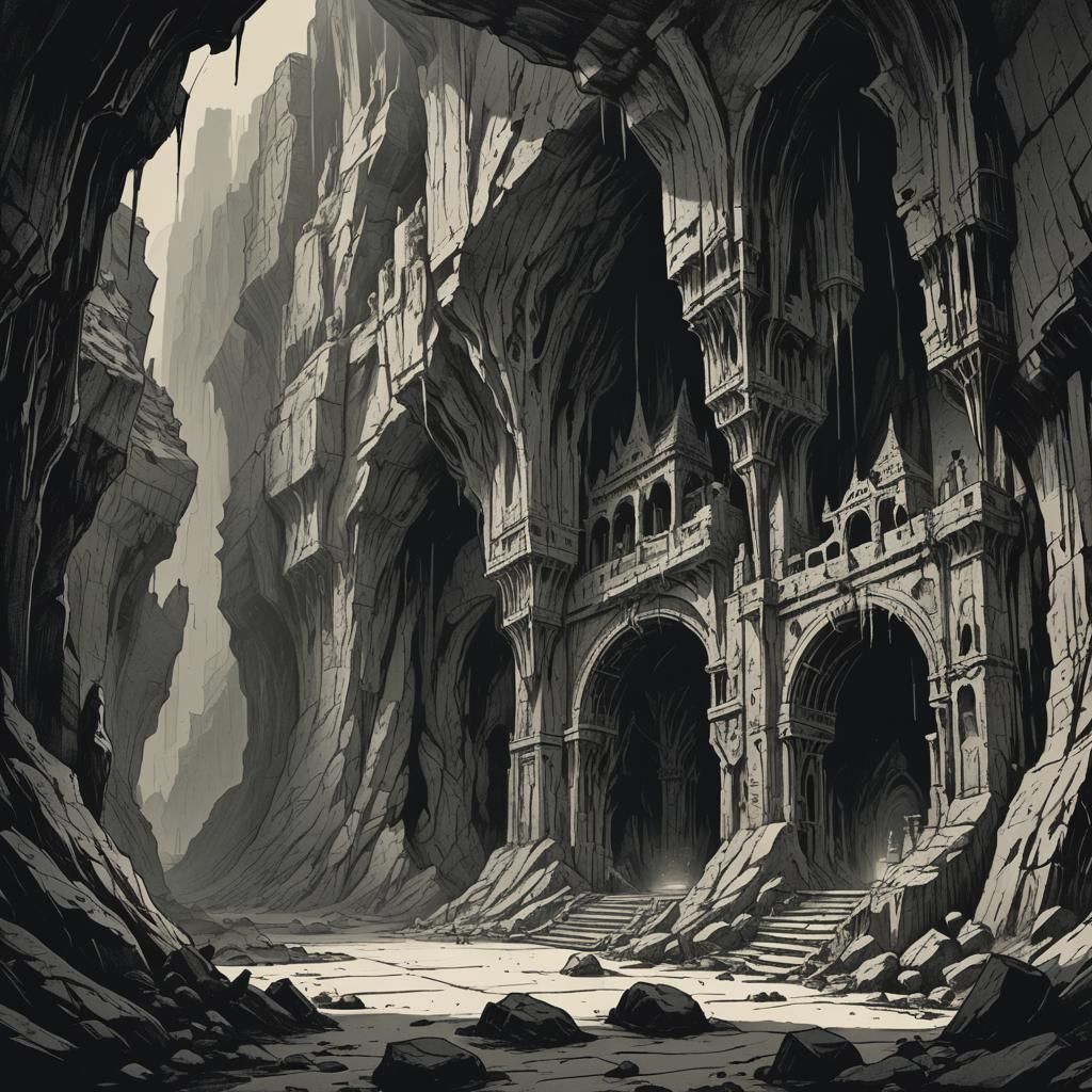 Monochromatic Cavern Sanctum in Dark Fantasy Style