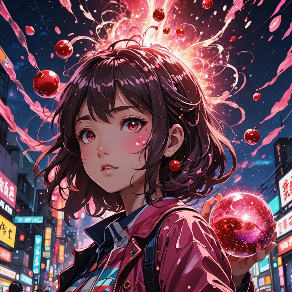 Anime Girl Holding Glittering Cherry Bomb in Starry Night