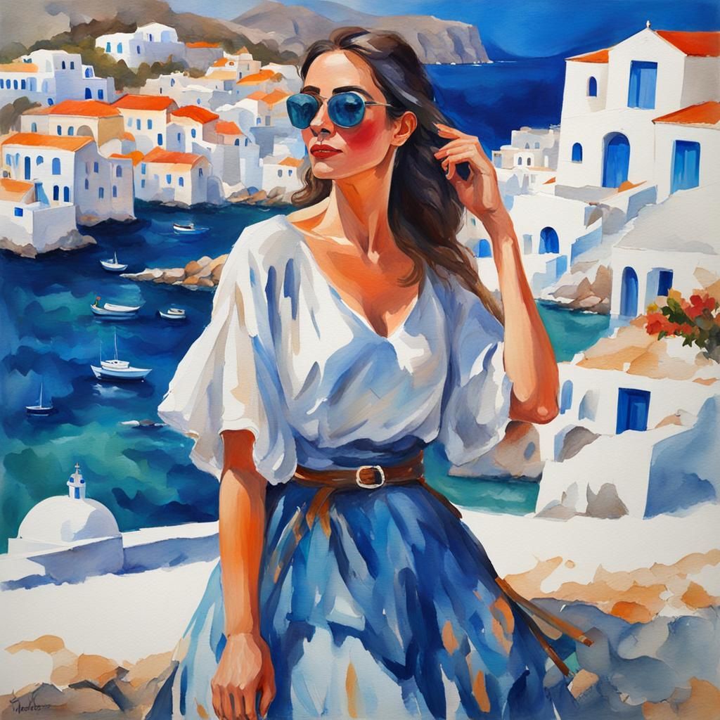 Woman in Greek Islands: Gouache Watercolor Painting
