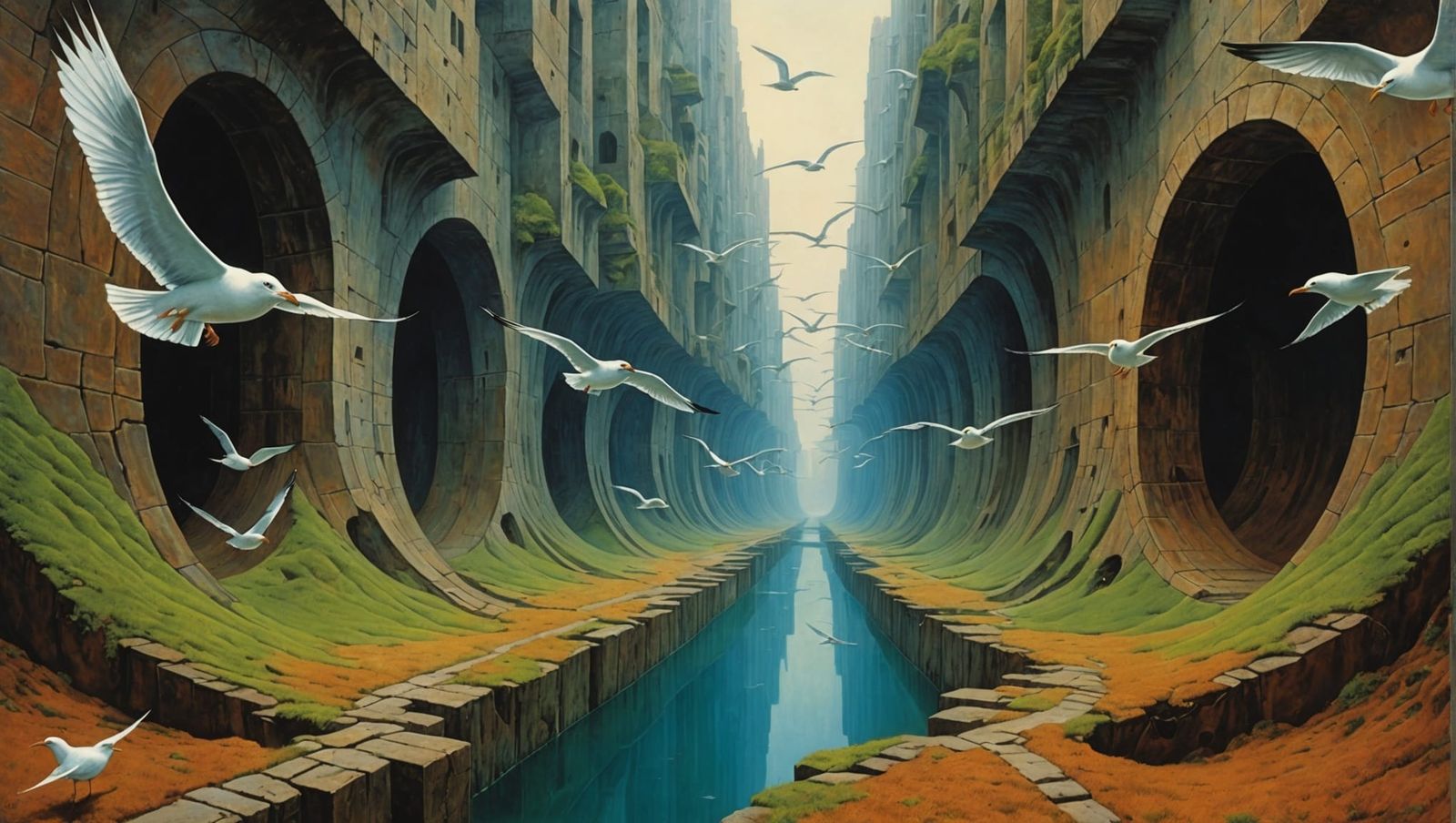 Whimsical Seagulls in Distorted Surreal Landscape