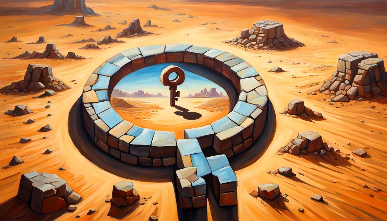 Floating Stone Key in Desert Landscape, Oil Painting