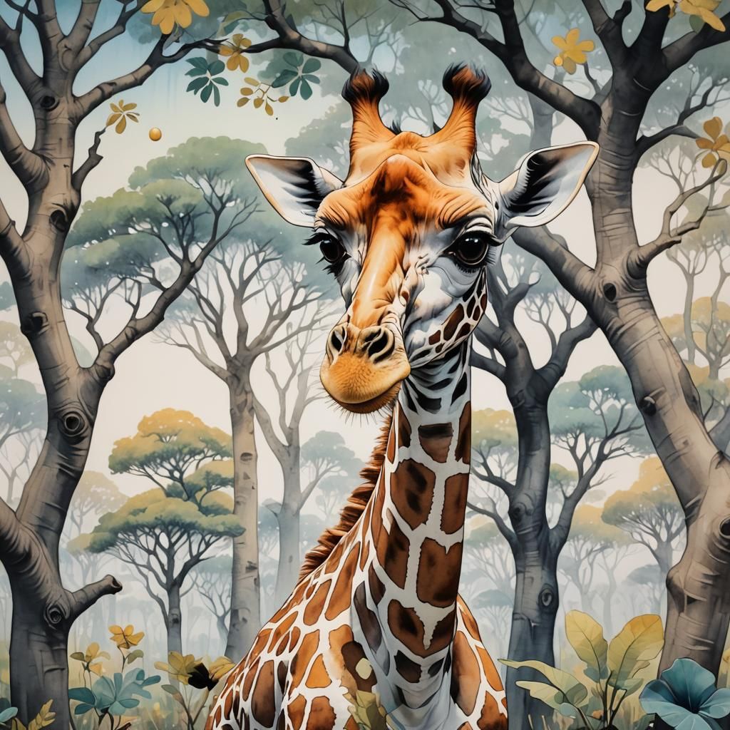 Sad Giraffe with Googly Eyes in Pastel Ink Painting