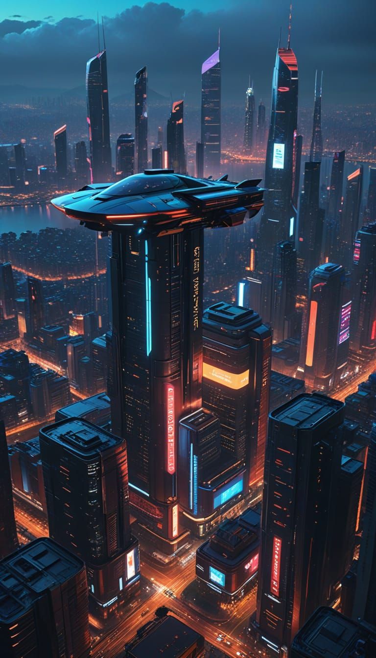 Cyberpunk Metropolis at Night: Neon and Flying Cars