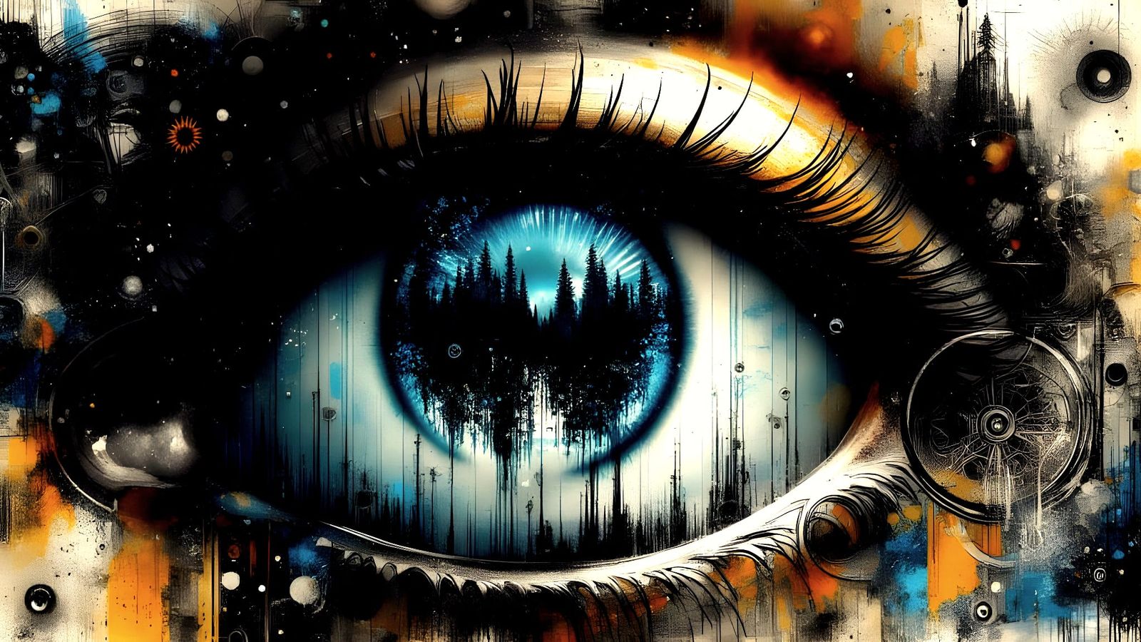 Surreal Mechanical Eye Reflecting Forest Landscape