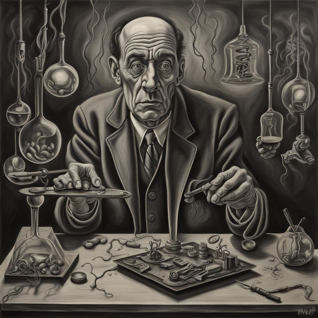 Dr. Frankenstein's Modern Lab: Surreal Charcoal Drawing