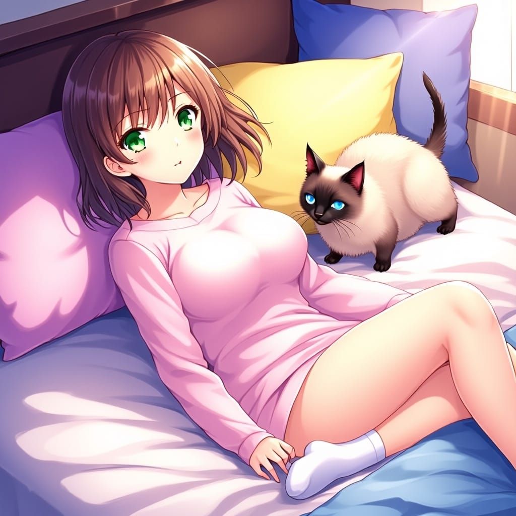 Surreal Anime-Inspired Scene of Woman and Cat in Plush Bed