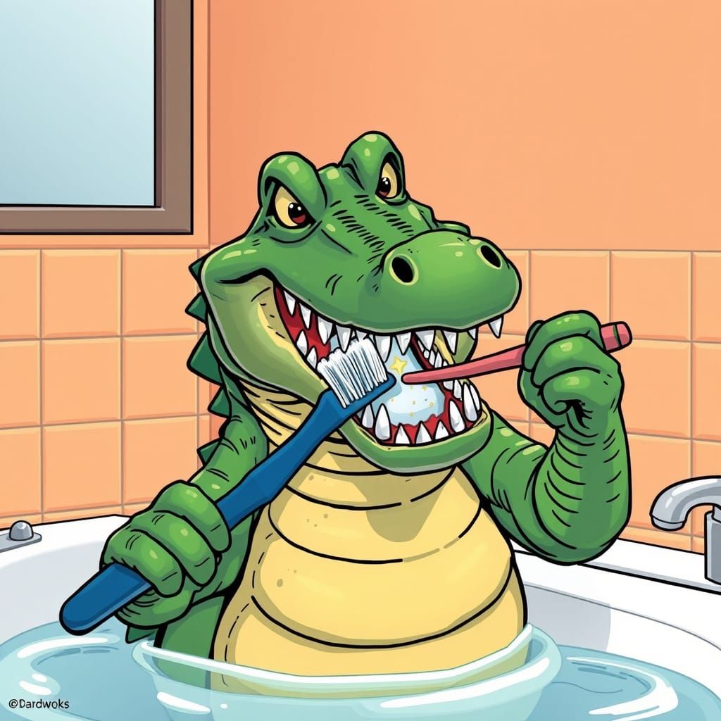 Cartoon of a crocodile cleaning her teeth with a large tooth...