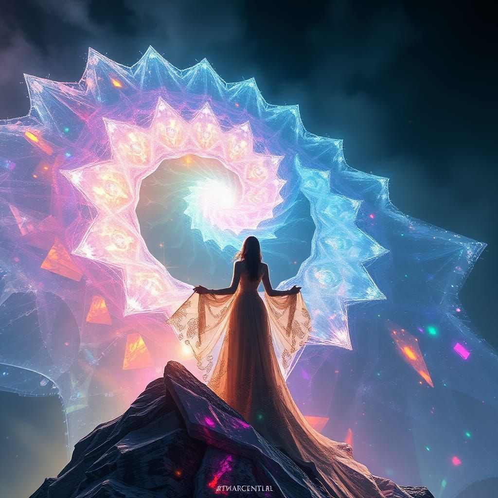 Woman at Edge of Crystalline Fractal Formation