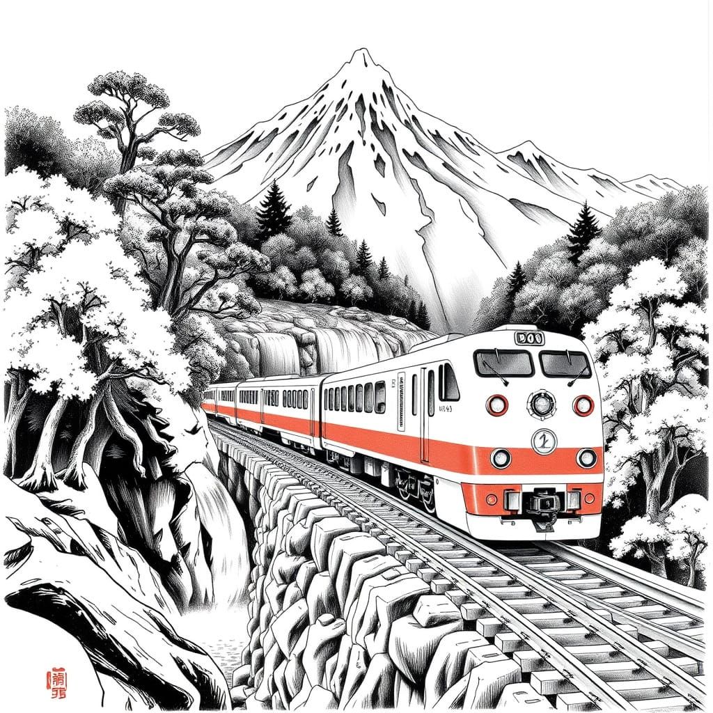 Tokaido Bullet Train in Japanese Ink Style