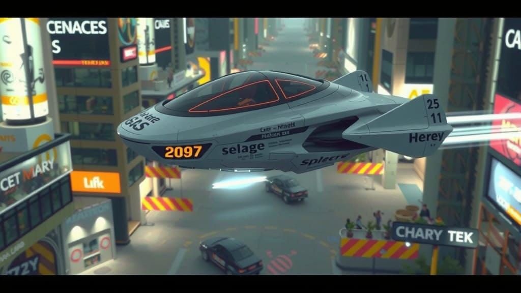 Futuristic Hover-Speeder in Mid-Air, Ultra HD, Bokeh Lightin...